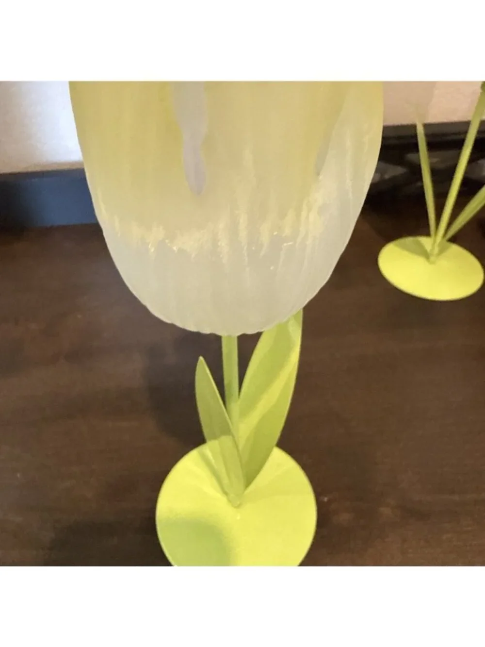 Vtg Lime - Yellow Frosted Tulip Flower Votive Tea Light Candle Holders Glass Mtl